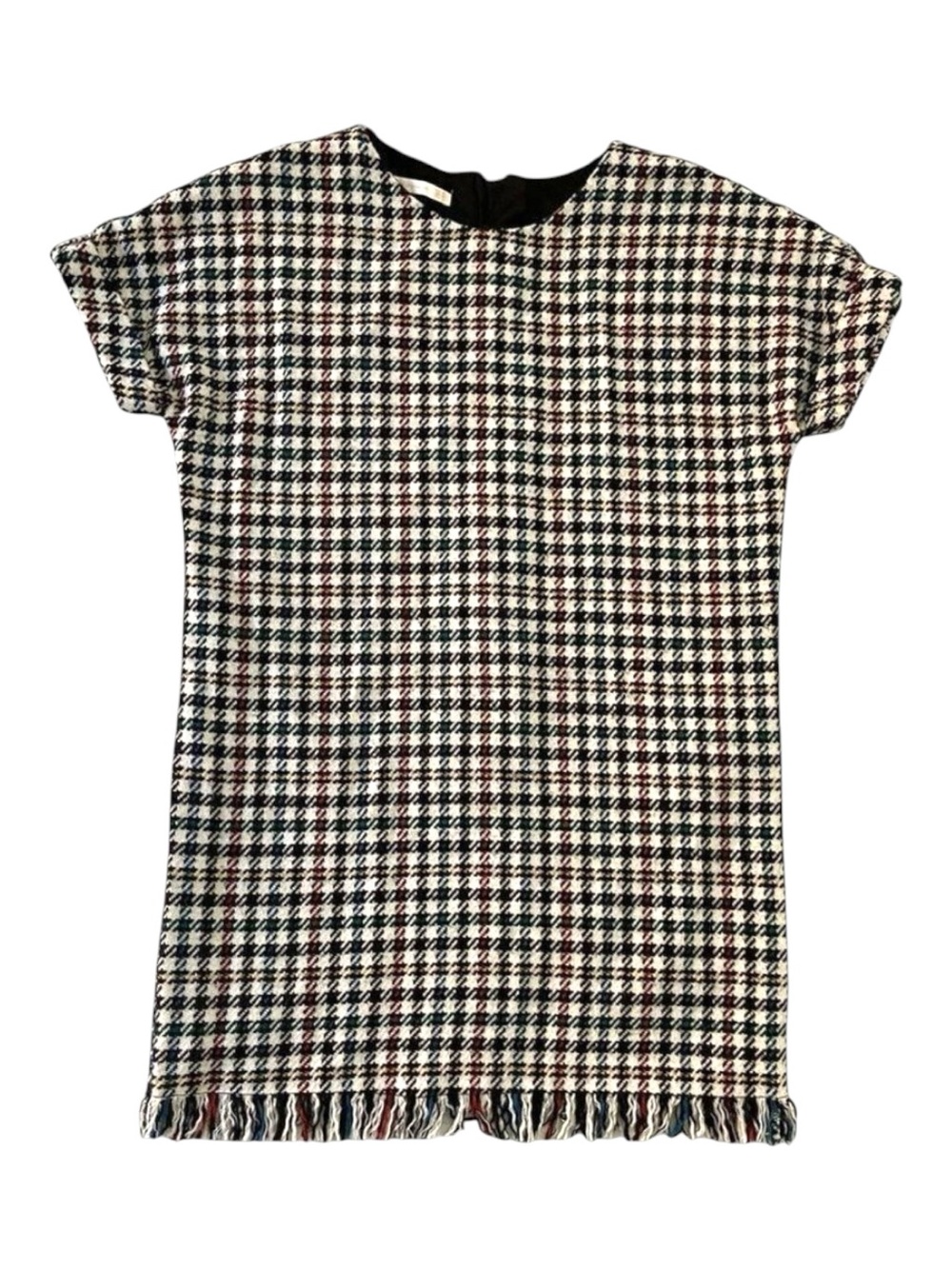 Zara Boxy Wool Blend Houndstooth Dress Fringe Hem Short Sleeve XS Black Ecru